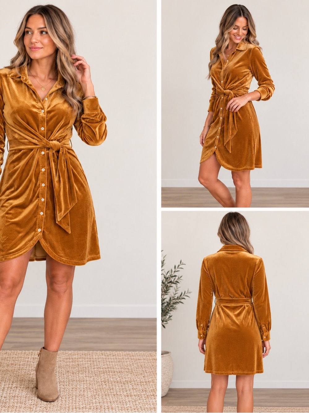 Vici Velvet Button-Front Wrap Dress - Mustard Gold